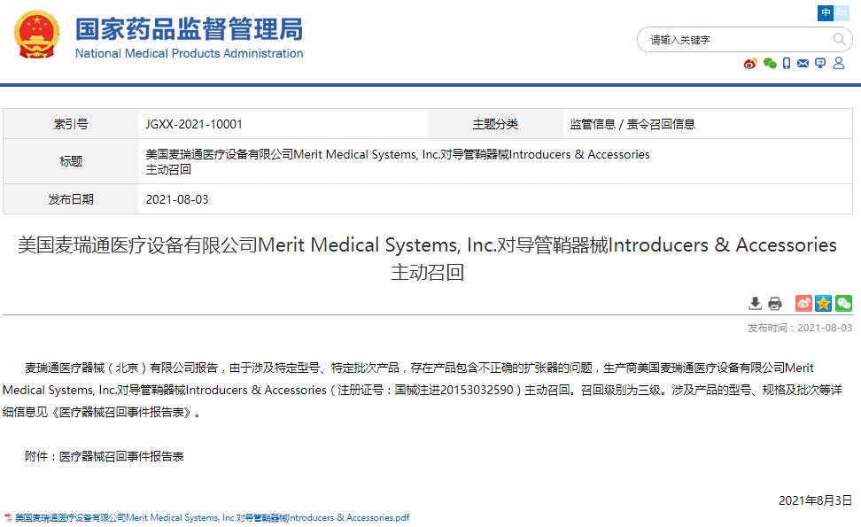 美國麥瑞通醫(yī)療設備有限公司Merit Medical Systems, Inc.對導管鞘器械Introducers & Accessories主動召回